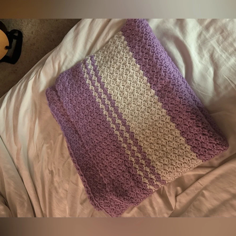 Handmade Cozy Purple and Cream Knitted Blanket